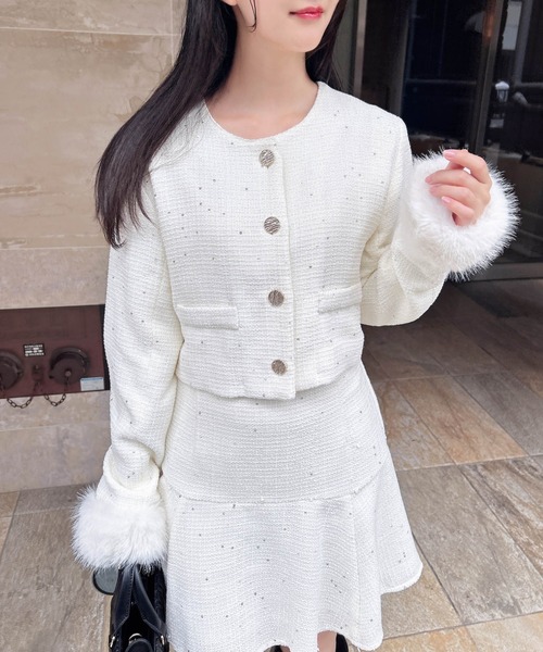 INGNI（イング）の「袖ファーツイードジャケット（ノーカラージャケット・レディース・ブラック/アイボリー・M）」の16枚目の写真