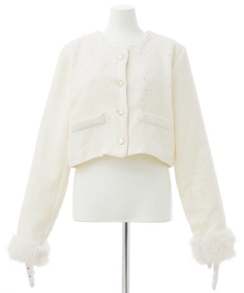 INGNI（イング）の「袖ファーツイードジャケット（ノーカラージャケット・レディース・ブラック/アイボリー・M）」の6枚目の写真