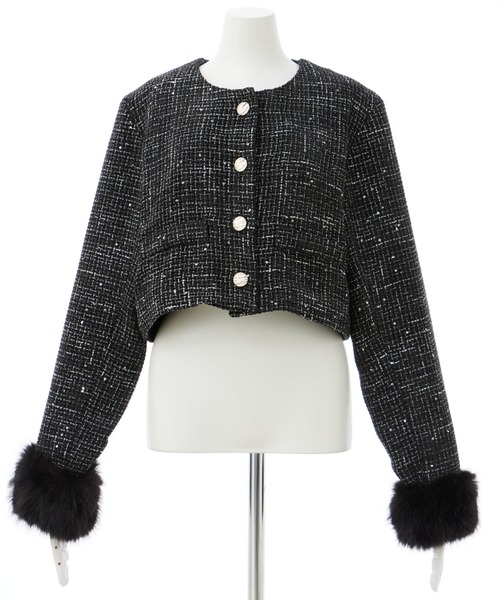 INGNI（イング）の「袖ファーツイードジャケット（ノーカラージャケット・レディース・ブラック/アイボリー・M）」の8枚目の写真