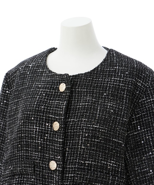 INGNI（イング）の「袖ファーツイードジャケット（ノーカラージャケット・レディース・ブラック/アイボリー・M）」の11枚目の写真