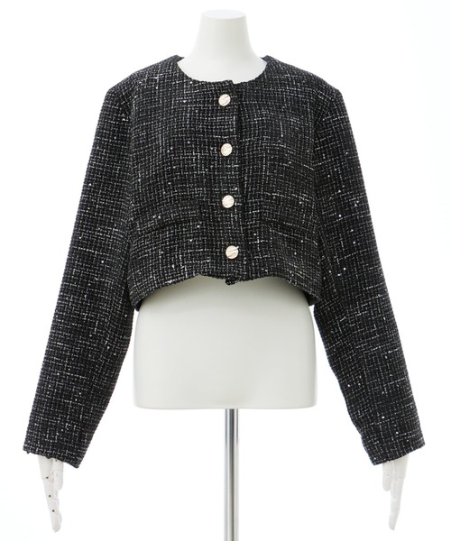 INGNI（イング）の「袖ファーツイードジャケット（ノーカラージャケット・レディース・ブラック/アイボリー・M）」の12枚目の写真