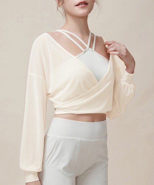 SUKLA ホワイト Vネック クロップドトップ ヨガウェア