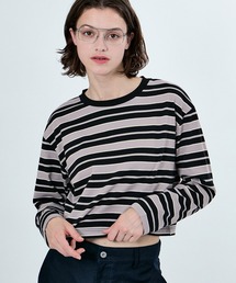 M TO R | MU MULTI BORDER CROPPED LONG SLEEVE CREW NECK PULLOVER(Tシャツ/カットソー)