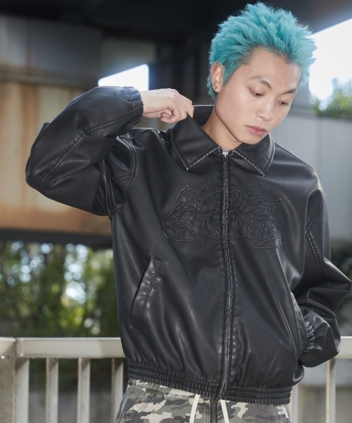 セール】SHORT ROUND/PUダメージアップリケブルゾン（ライダース