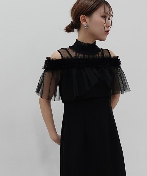 ドレス パーティー ノースリーブ フリル ワンピース ~3XL セール】【結婚式・パーティードレス】シャーリングフリル