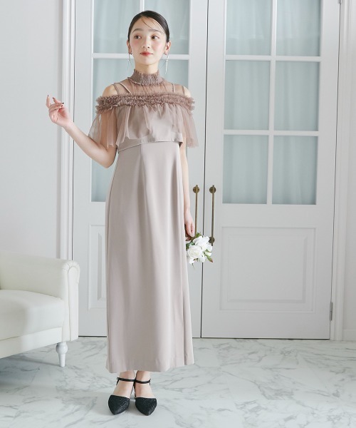 ドレス パーティー ノースリーブ フリル ワンピース ~3XL セール】【結婚式・パーティードレス】シャーリングフリル
