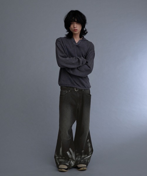 ILLMAZE（イルメイズ）の「【ILLMAZE】Low-rise silver foil wide denim / ローライズ 箔コーティング ワイドデニムパンツ（デニムパンツ・メンズ・ブラック・L/M/S）」の6枚目の写真