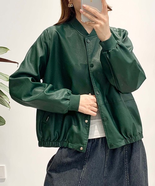 aimoha(アイモハ)の「PUマットボマージャケット(ノーカラージャケット・レディース・ブラック/ダークグリーン/カーキ・LARGE/MEDIUM)」の2枚目の写真