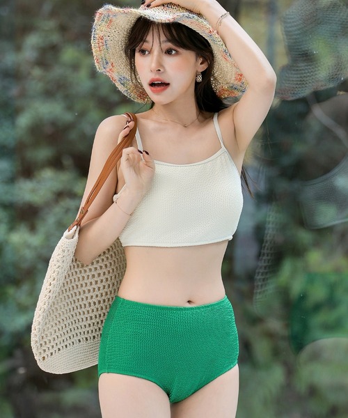 TeddyShop（テディショップ）の「レディース水着 バイカラー配色リブハイウエストキャミビキニ 上下2点セット（水着・レディース・ブラック/イエロー系その他/パープル系その他/グリーン/グリーン系その他・S/M/L）」の3枚目の写真