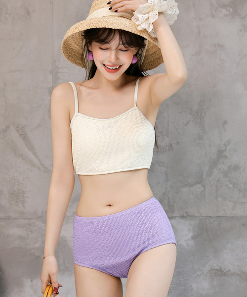 TeddyShop（テディショップ）の「レディース水着 バイカラー配色リブハイウエストキャミビキニ 上下2点セット（水着・レディース・ブラック/イエロー系その他/パープル系その他/グリーン/グリーン系その他・S/M/L）」の4枚目の写真