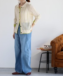 透かし編みメッシュニットポロカーディガン
