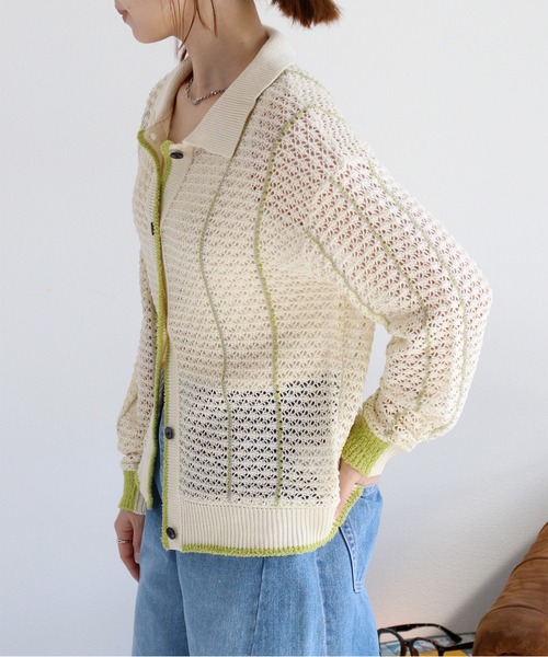 cepo（セポ）の「透かし編みメッシュニットポロカーディガン（カーディガン/ボレロ・レディース・ブラック/オフホワイト/レッド・M）」の19枚目の写真