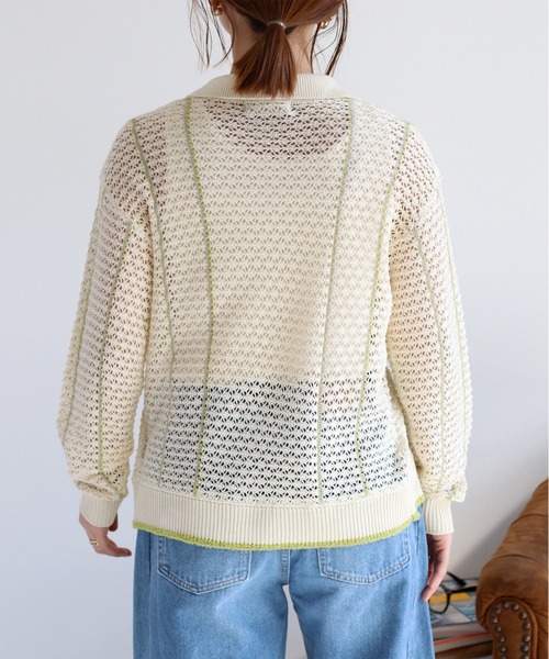 cepo（セポ）の「透かし編みメッシュニットポロカーディガン（カーディガン/ボレロ・レディース・ブラック/オフホワイト/レッド・M）」の20枚目の写真