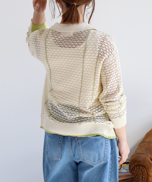 cepo（セポ）の「透かし編みメッシュニットポロカーディガン（カーディガン/ボレロ・レディース・ブラック/オフホワイト/レッド・M）」の21枚目の写真