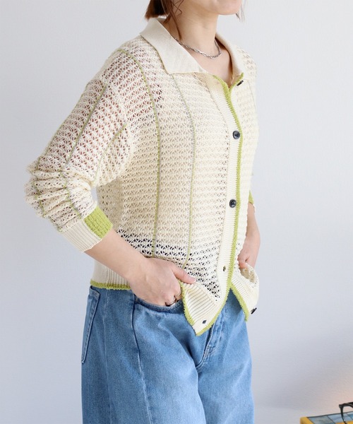 cepo（セポ）の「透かし編みメッシュニットポロカーディガン（カーディガン/ボレロ・レディース・ブラック/オフホワイト/レッド・M）」の22枚目の写真