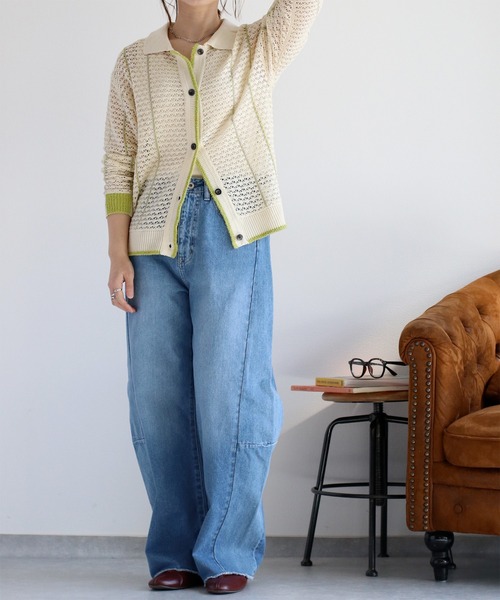 cepo（セポ）の「透かし編みメッシュニットポロカーディガン（カーディガン/ボレロ・レディース・ブラック/オフホワイト/レッド・M）」の15枚目の写真