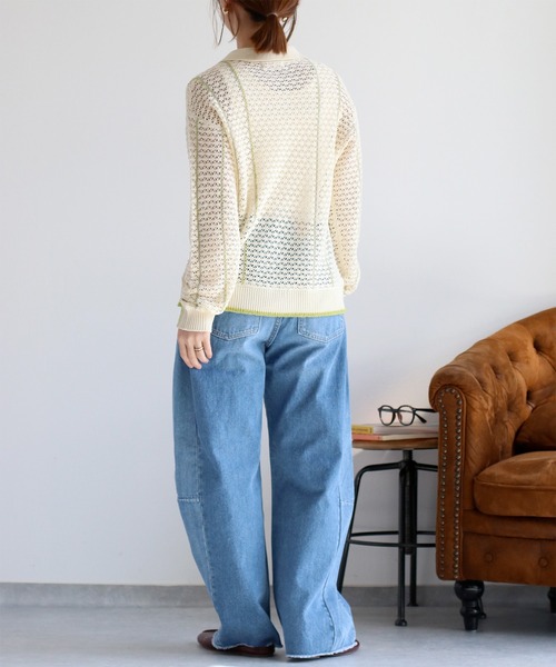 cepo（セポ）の「透かし編みメッシュニットポロカーディガン（カーディガン/ボレロ・レディース・ブラック/オフホワイト/レッド・M）」の16枚目の写真