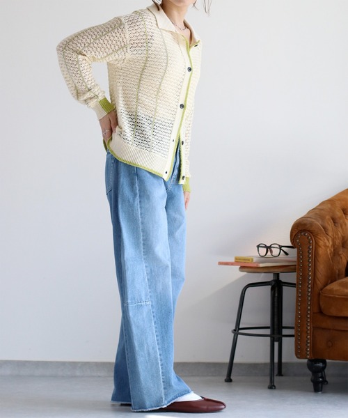 cepo（セポ）の「透かし編みメッシュニットポロカーディガン（カーディガン/ボレロ・レディース・ブラック/オフホワイト/レッド・M）」の17枚目の写真