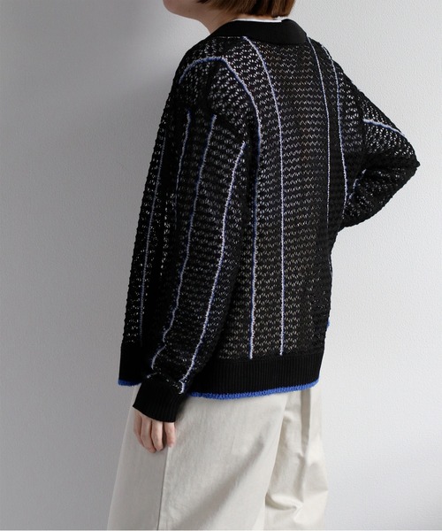 cepo（セポ）の「透かし編みメッシュニットポロカーディガン（カーディガン/ボレロ・レディース・ブラック/オフホワイト/レッド・M）」の11枚目の写真