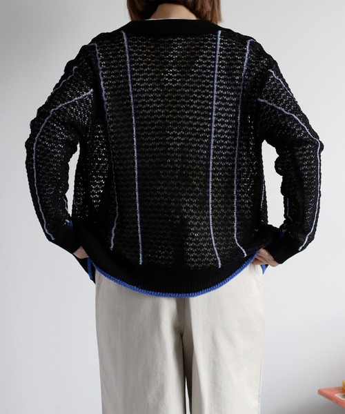 cepo（セポ）の「透かし編みメッシュニットポロカーディガン（カーディガン/ボレロ・レディース・ブラック/オフホワイト/レッド・M）」の12枚目の写真