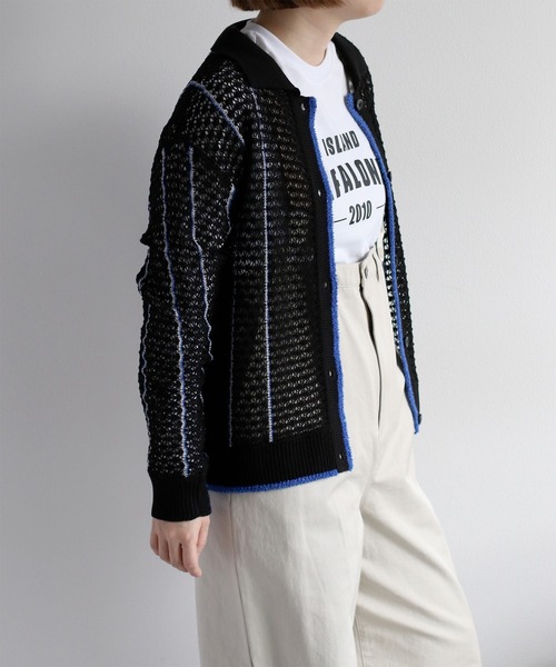 cepo（セポ）の「透かし編みメッシュニットポロカーディガン（カーディガン/ボレロ・レディース・ブラック/オフホワイト/レッド・M）」の13枚目の写真