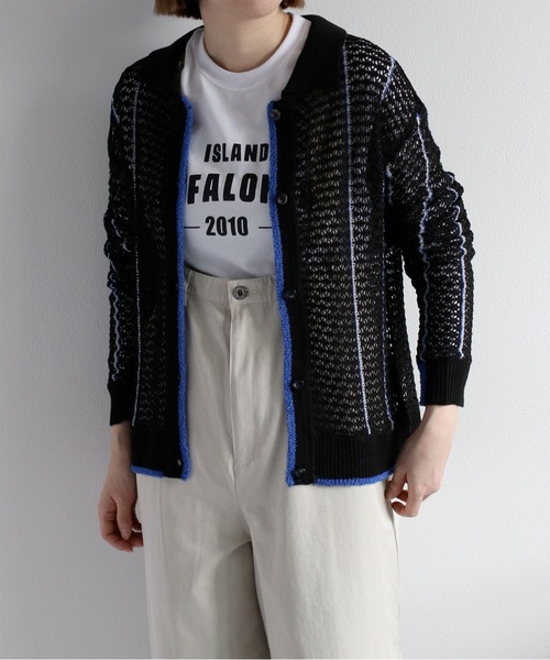 cepo（セポ）の「透かし編みメッシュニットポロカーディガン（カーディガン/ボレロ・レディース・ブラック/オフホワイト/レッド・M）」の10枚目の写真