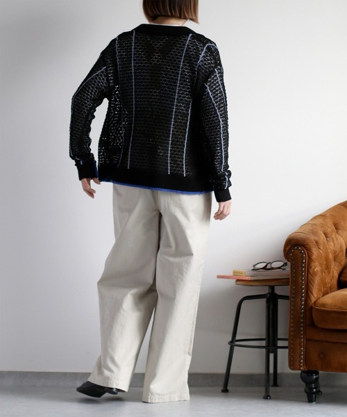 cepo（セポ）の「透かし編みメッシュニットポロカーディガン（カーディガン/ボレロ・レディース・ブラック/オフホワイト/レッド・M）」の5枚目の写真