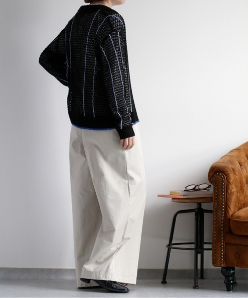 cepo（セポ）の「透かし編みメッシュニットポロカーディガン（カーディガン/ボレロ・レディース・ブラック/オフホワイト/レッド・M）」の7枚目の写真