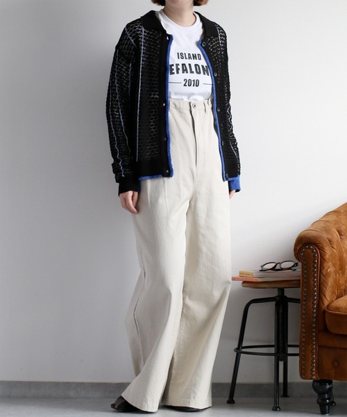 cepo（セポ）の「透かし編みメッシュニットポロカーディガン（カーディガン/ボレロ・レディース・ブラック/オフホワイト/レッド・M）」の8枚目の写真