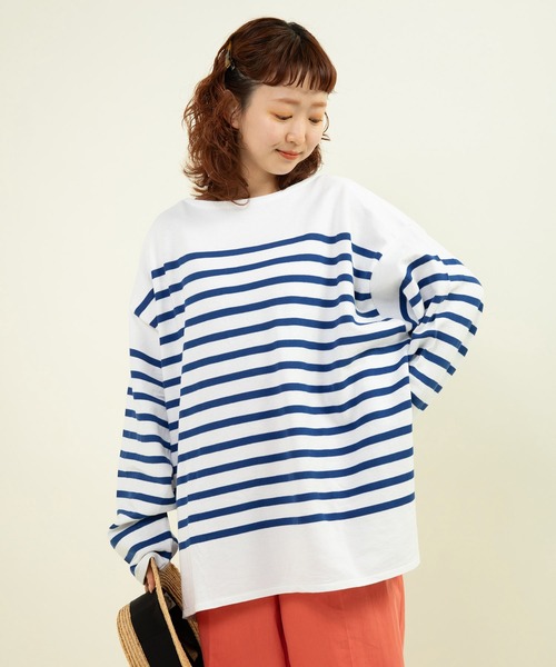 holiday◆長袖Tシャツ/one/コットン/BLU/ボーダー/ラッセルボーダーミニドレス AMBIDEX Store ○ラッセルパネルボーダーBIGプルオーバー(F アオ