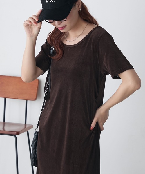 BONLECILL(ボンルシール)の「シアーベロア半袖ワンピース(ワンピース・レディース・ブラウン/オフホワイト/チャコールグレー/ブラック・FREE)」の4枚目の写真