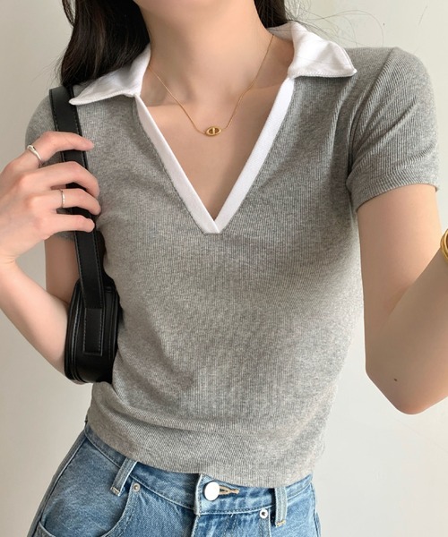 2ly2（トゥーリートゥー）の「トレンド感抜群！襟付きVネックリブ半袖トップス（Tシャツ/カットソー・レディース・グレー/ネイビー・FREE）」の5枚目の写真