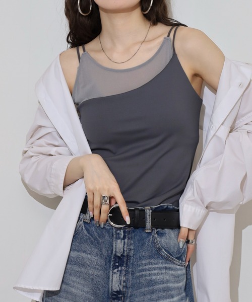 FUNALIVE（ファンアライブ）の「カップ付きシアーレイヤードキャミソール（キャミソール・レディース・ブラック/チャコール/オフホワイト・M）」の3枚目の写真