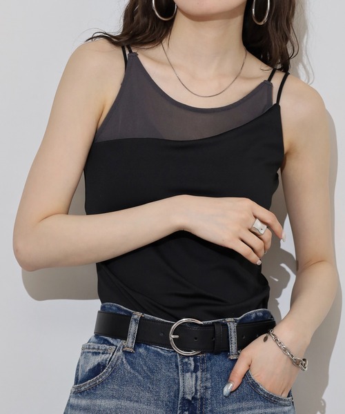 FUNALIVE（ファンアライブ）の「カップ付きシアーレイヤードキャミソール（キャミソール・レディース・ブラック/チャコール/オフホワイト・M）」の8枚目の写真