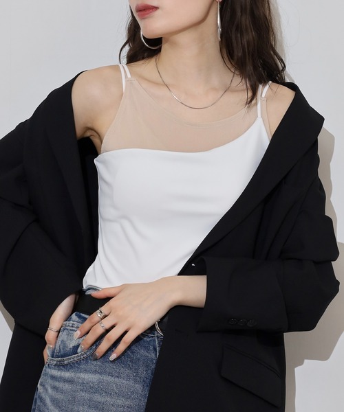 FUNALIVE（ファンアライブ）の「カップ付きシアーレイヤードキャミソール（キャミソール・レディース・ブラック/チャコール/オフホワイト・M）」の4枚目の写真