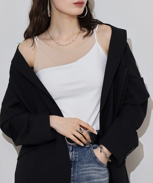 FUNALIVE（ファンアライブ）の「カップ付きシアーレイヤードキャミソール（キャミソール・レディース・ブラック/チャコール/オフホワイト・M）」の5枚目の写真