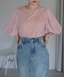 袖プリーツ5分袖パフスリーブTシャツ