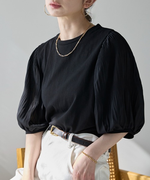 each(イーチ)の「袖プリーツ5分袖パフスリーブTシャツ(Tシャツ/カットソー・レディース・ブラック/ピンク/ホワイト・FREE)」の4枚目の写真