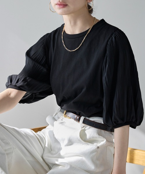 each(イーチ)の「袖プリーツ5分袖パフスリーブTシャツ(Tシャツ/カットソー・レディース・ブラック/ピンク/ホワイト・FREE)」の5枚目の写真
