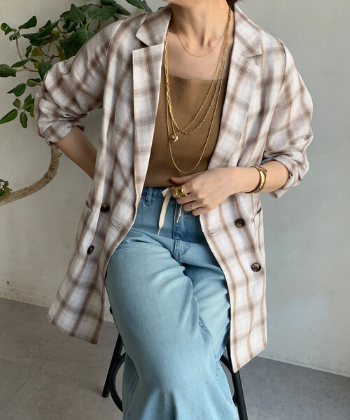 DouDou（ドゥドゥ）の「リネン混チェックダブルジャケット（テーラードジャケット・レディース・ダークブラウン/オフホワイト・FREE）」の2枚目の写真