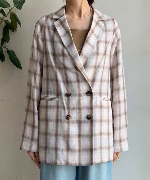 DouDou（ドゥドゥ）の「リネン混チェックダブルジャケット（テーラードジャケット・レディース・ダークブラウン/オフホワイト・FREE）」の22枚目の写真