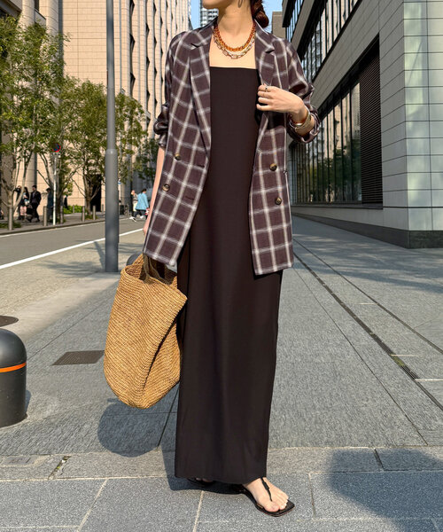 DouDou（ドゥドゥ）の「リネン混チェックダブルジャケット（テーラードジャケット・レディース・ダークブラウン/オフホワイト・FREE）」の11枚目の写真