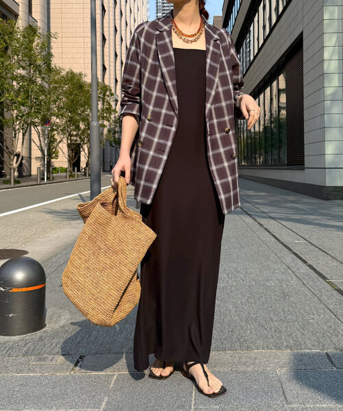 DouDou（ドゥドゥ）の「リネン混チェックダブルジャケット（テーラードジャケット・レディース・ダークブラウン/オフホワイト・FREE）」の10枚目の写真