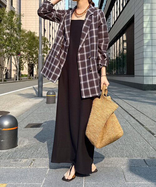 DouDou（ドゥドゥ）の「リネン混チェックダブルジャケット（テーラードジャケット・レディース・ダークブラウン/オフホワイト・FREE）」の9枚目の写真