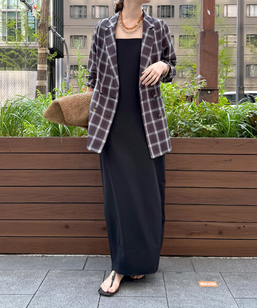 DouDou（ドゥドゥ）の「リネン混チェックダブルジャケット（テーラードジャケット・レディース・ダークブラウン/オフホワイト・FREE）」の8枚目の写真