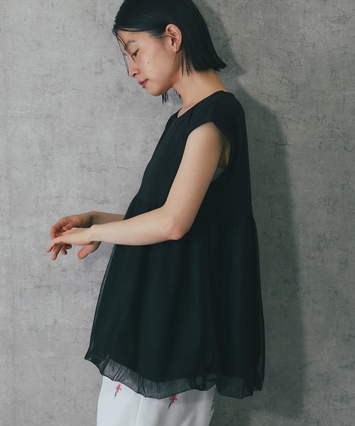tシャツ 天竺チュールバルーンスリーブTシャツ レディース classicalelf トップス Tシャツ レディース 袖山タック 綿100
