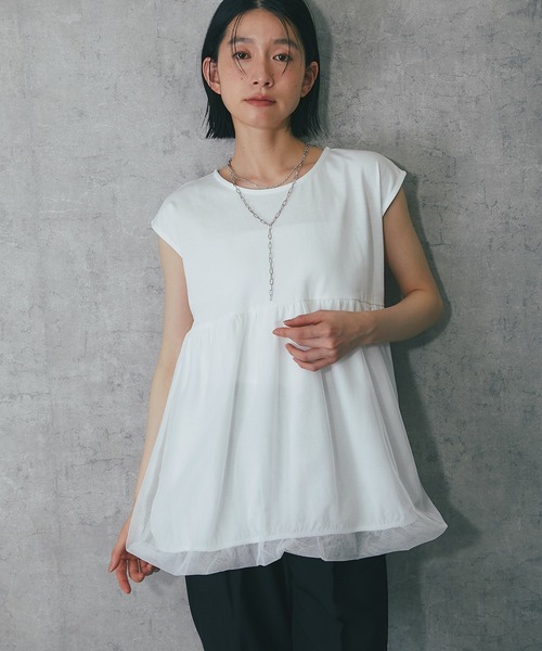 tシャツ 天竺チュールバルーンスリーブTシャツ レディース harmonie tシャツ レディース 半袖tシャツ ギャザー バルーン