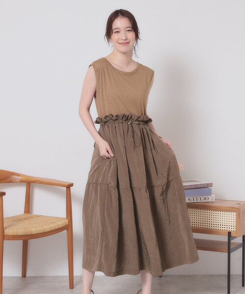 ITS'DEMO（イッツデモ）の「【ウエストゴム／洗濯機OK】異素材コンビワンピース（ワンピース・レディース・オフホワイト/ブラウン系/ブラック・00）」の3枚目の写真