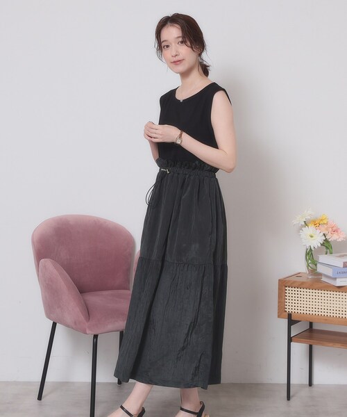 ITS'DEMO（イッツデモ）の「【ウエストゴム／洗濯機OK】異素材コンビワンピース（ワンピース・レディース・オフホワイト/ブラウン系/ブラック・00）」の2枚目の写真