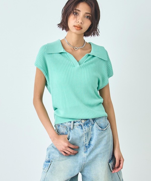 ANAP(アナップ)の「ノースリーブ サマー ニット ポロ トップス(ニット/セーター・レディース・ブルー/ミント/オレンジ/ホワイト・FREE)」の3枚目の写真